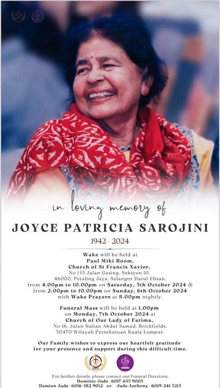 Joyce Sarojini Funeral Notice